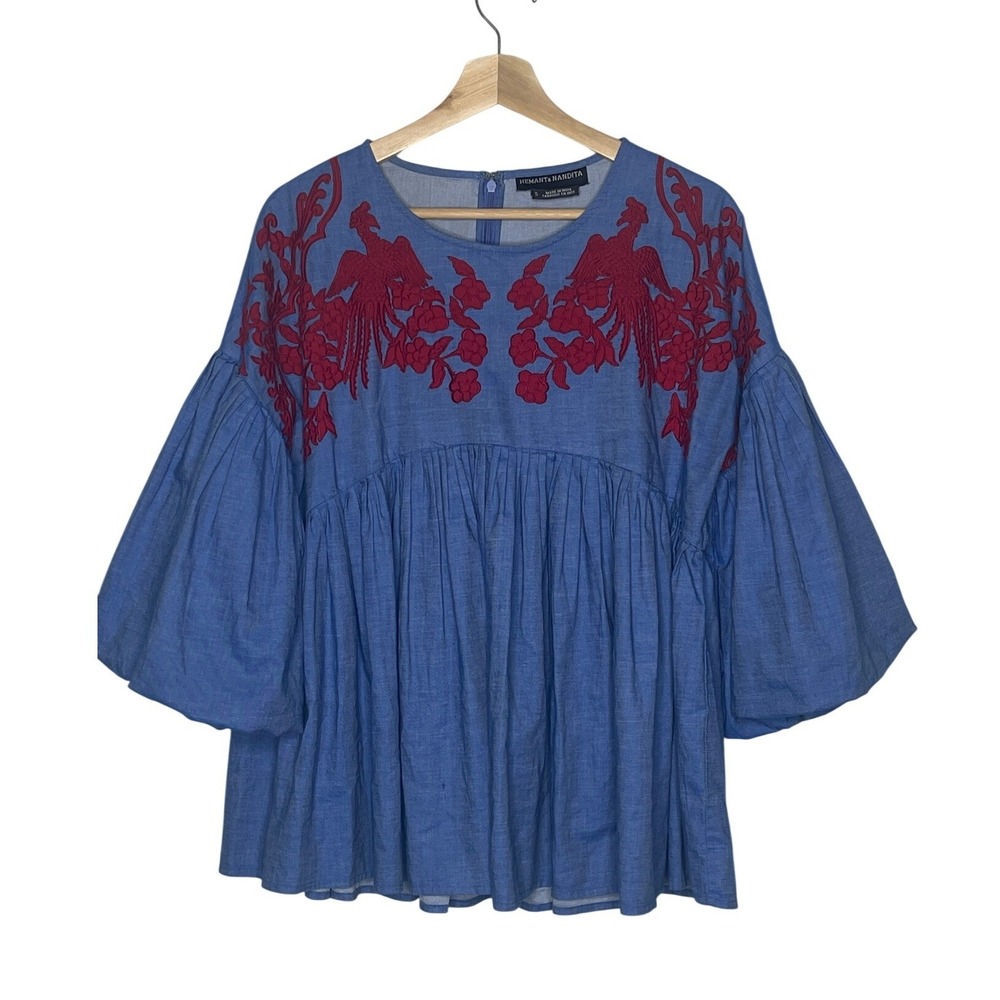 Hemant & Nandita Blue Chambray Embroidered Bird Balloon Sleeve Babydoll Top S
